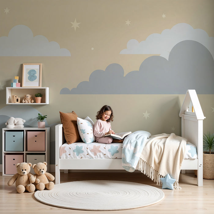 Papel de parede quarto bebê | Nuvens suaves e estrelas cintilantes em fundo bege