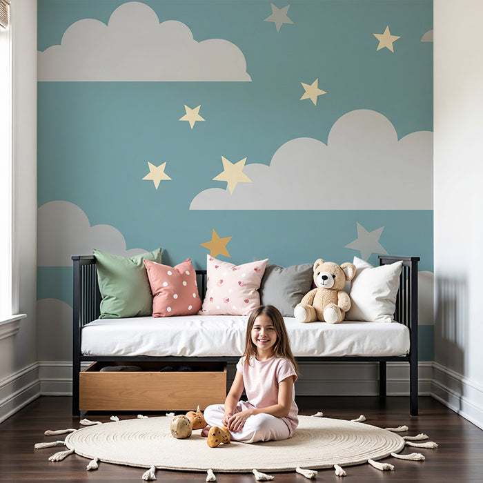 Papel de parede quarto bebê | Nuvens suaves e estrelas brilhantes em fundo azul
