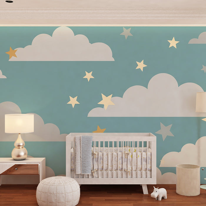 Papel de parede quarto bebê | Nuvens suaves e estrelas brilhantes em fundo azul