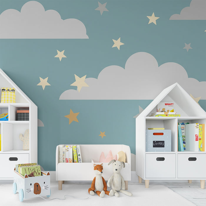 Papel de parede quarto bebê | Nuvens suaves e estrelas brilhantes em fundo azul