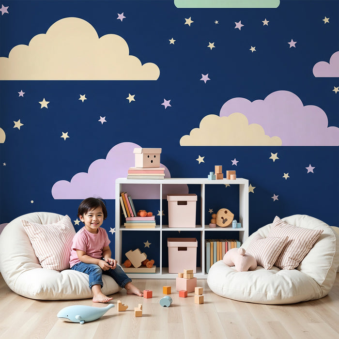 Papel de parede para quarto de bebé | Nuvens suaves e estrelas cintilantes sobre fundo azul-noite