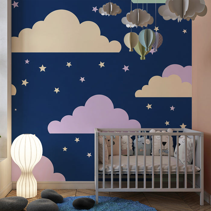 Papel de parede para quarto de bebé | Nuvens suaves e estrelas cintilantes sobre fundo azul-noite