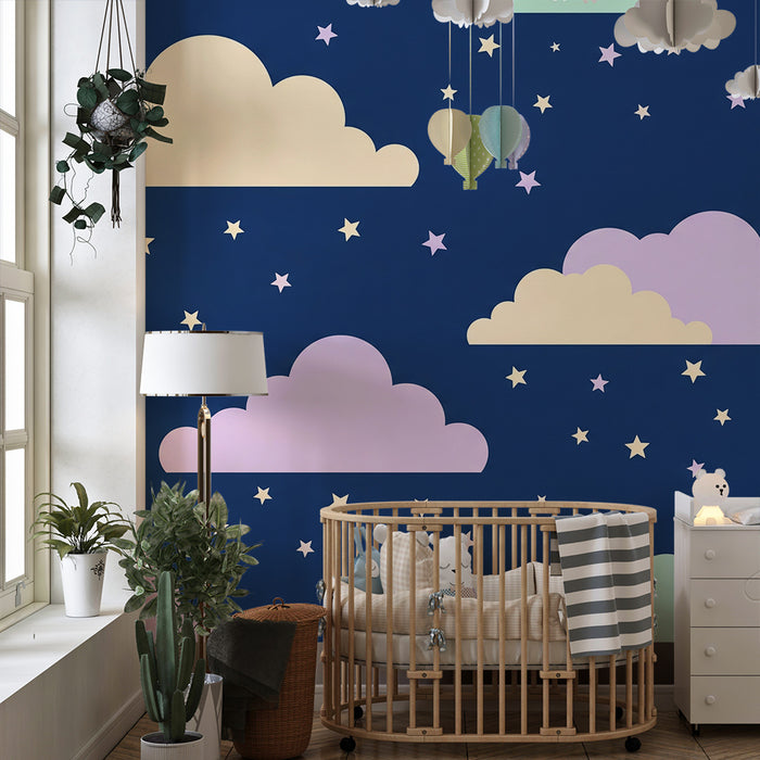Papel de parede para quarto de bebé | Nuvens suaves e estrelas cintilantes sobre fundo azul-noite