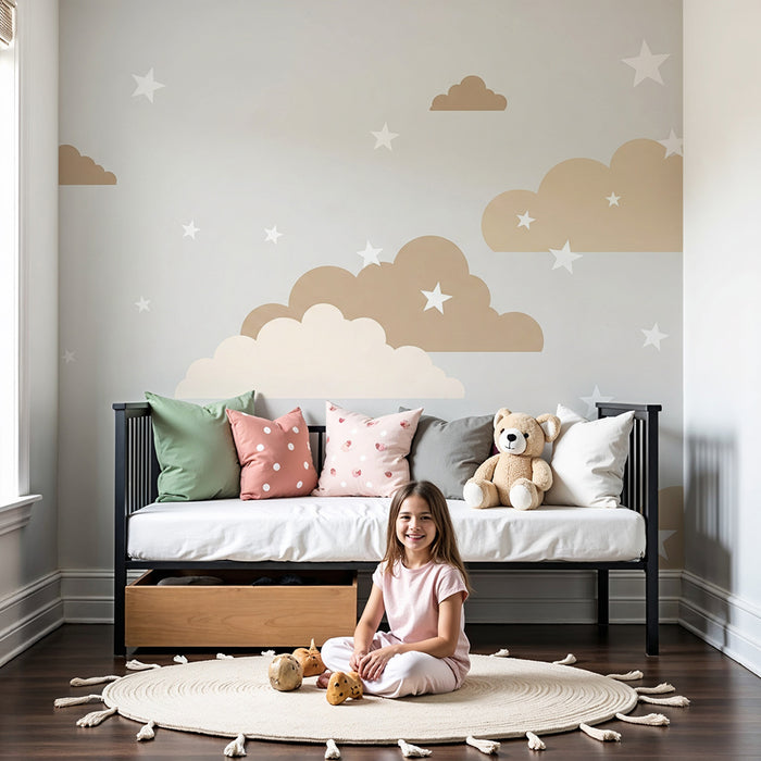 Papel de parede quarto bebê | Nuvens suaves e estrelas brilhantes em fundo cinza