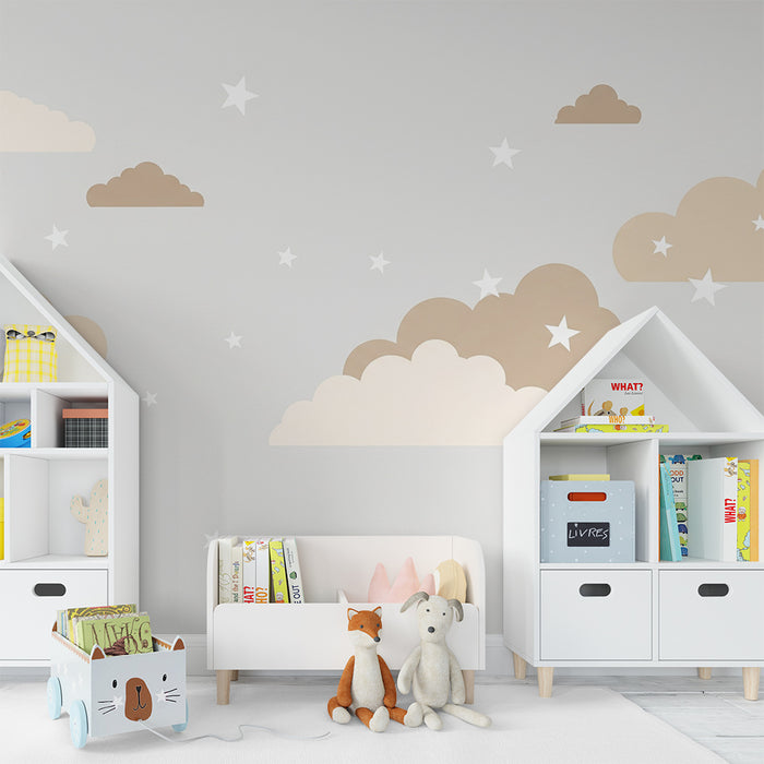 Papel de parede quarto bebê | Nuvens suaves e estrelas brilhantes em fundo cinza
