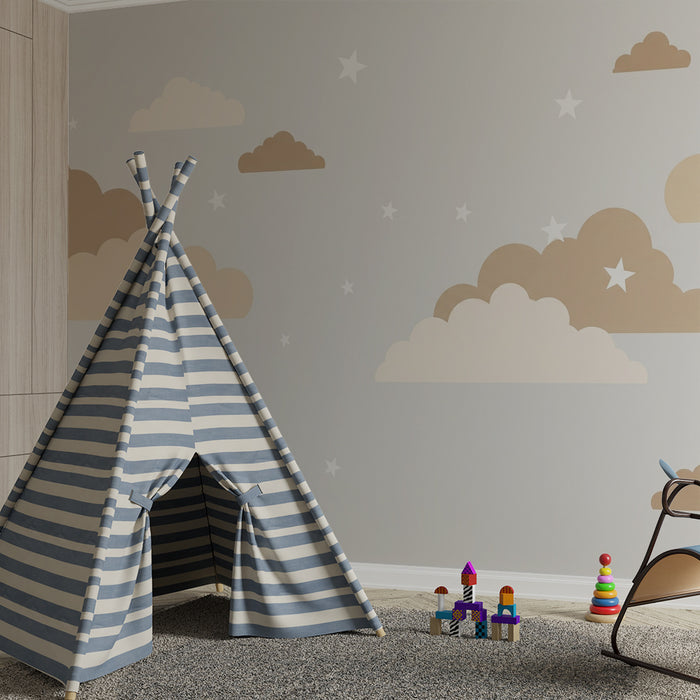 Papel de parede quarto bebê | Nuvens suaves e estrelas brilhantes em fundo cinza