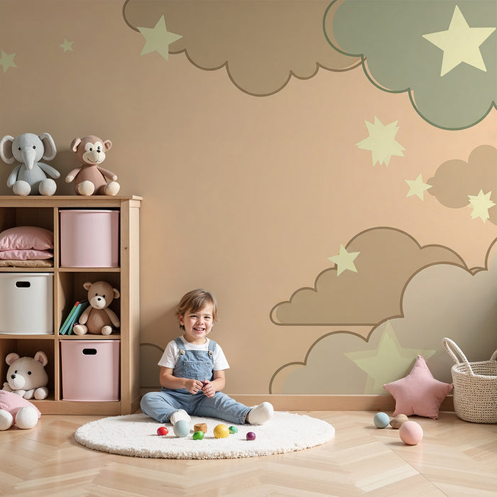 Tapety dla dzieci | Delikatne chmury i błyszczące gwiazdy na pastelowym tle