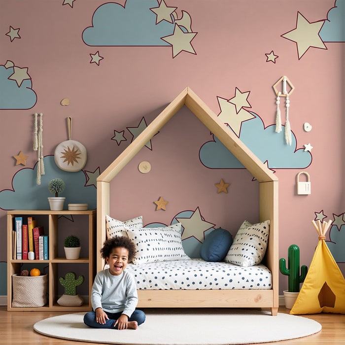Papel de parede quarto bebê | Nuvens suaves e estrelas cintilantes em fundo rosa