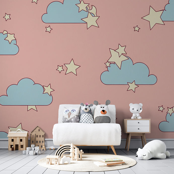 Papel de parede quarto bebê | Nuvens suaves e estrelas cintilantes em fundo rosa