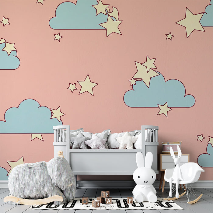 Papel de parede quarto bebê | Nuvens suaves e estrelas cintilantes em fundo rosa
