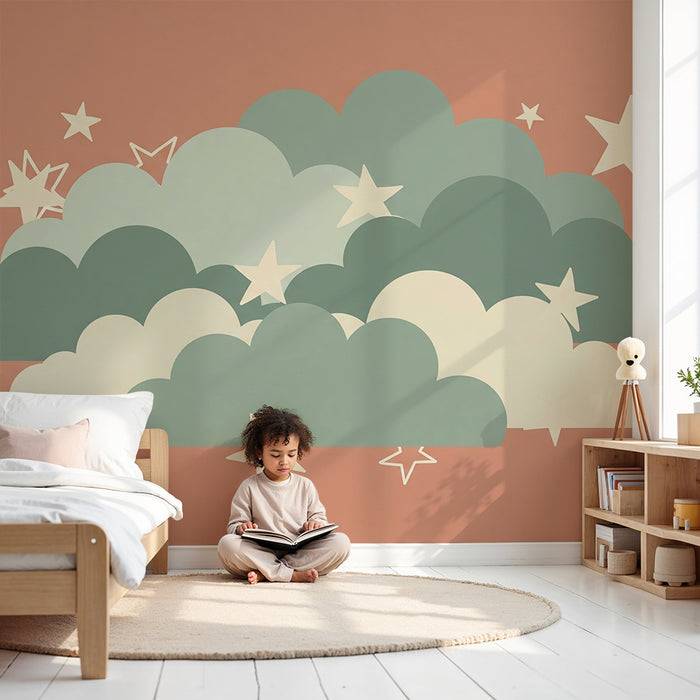 Babyzimmer Tapete | Weiche Wolken und glitzernde Sterne auf terrakottafarbenem Hintergrund