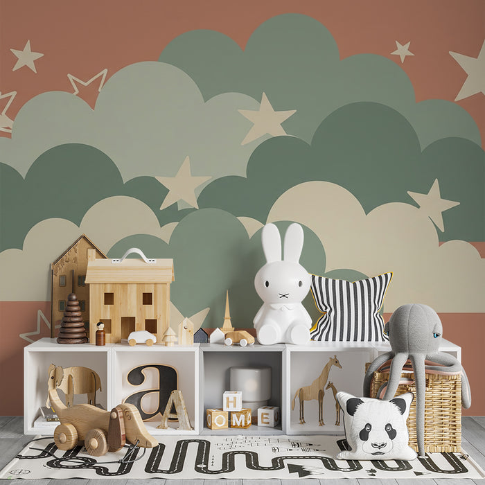 Babyzimmer Tapete | Weiche Wolken und glitzernde Sterne auf terrakottafarbenem Hintergrund