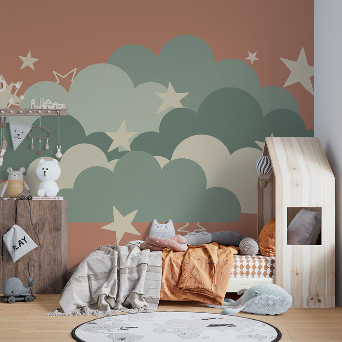 Babyzimmer Tapete | Weiche Wolken und glitzernde Sterne auf terrakottafarbenem Hintergrund