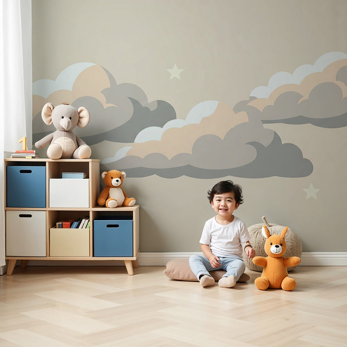 Papel de parede quarto bebê | Nuvens suaves e estrelas em fundo pastel