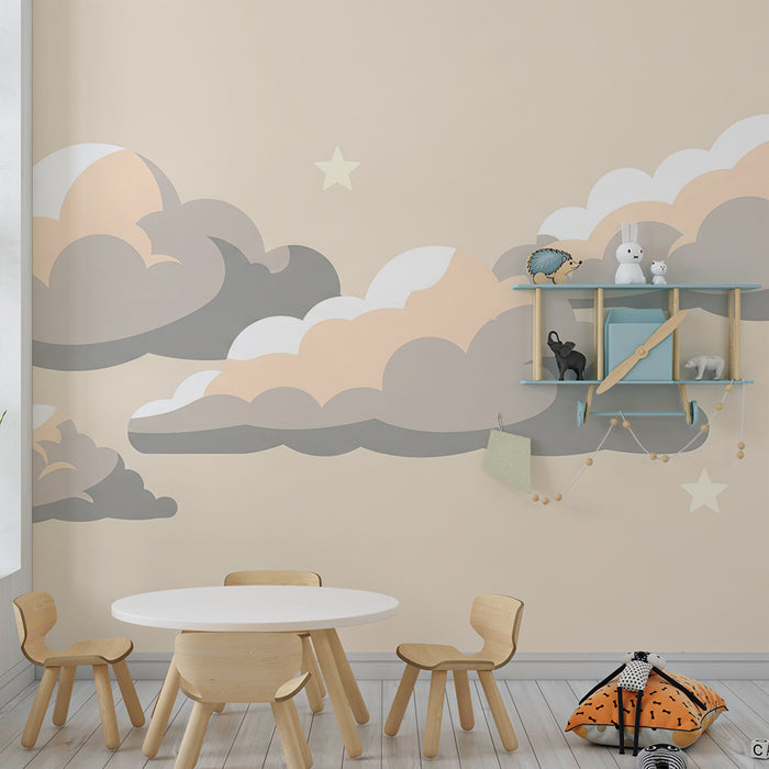 Papel de parede quarto bebê | Nuvens suaves e estrelas em fundo pastel
