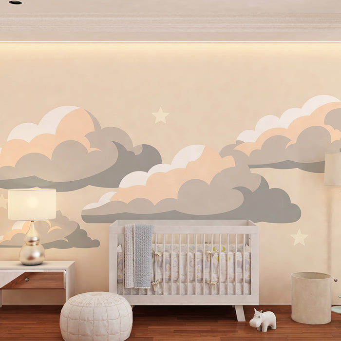 Papel de parede quarto bebê | Nuvens suaves e estrelas em fundo pastel