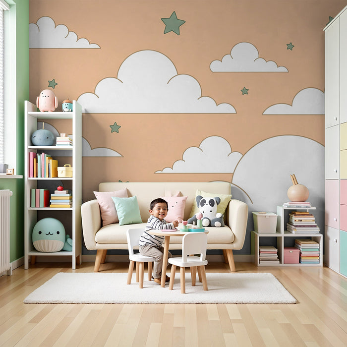Babyzimmer Tapete | Weiche Wolken und Sterne auf Pfirsichhintergrund