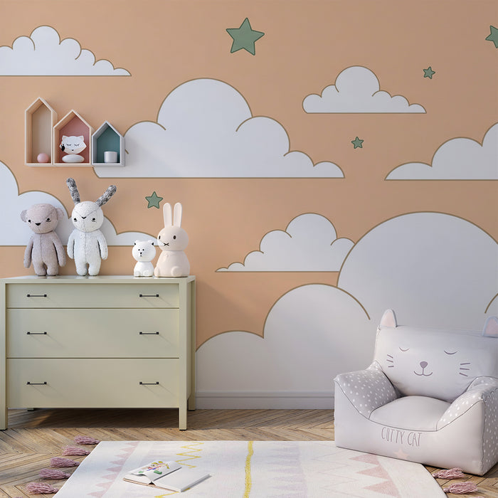 Babyzimmer Tapete | Weiche Wolken und Sterne auf Pfirsichhintergrund