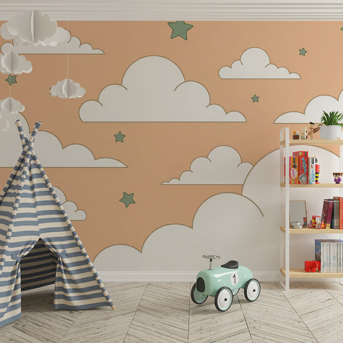 Babyzimmer Tapete | Weiche Wolken und Sterne auf Pfirsichhintergrund