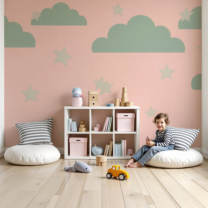 Papel de parede quarto bebê | Nuvens suaves e estrelas em fundo rosa