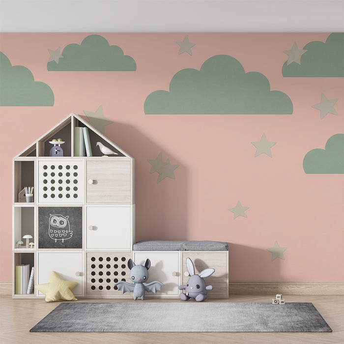 Papel de parede quarto bebê | Nuvens suaves e estrelas em fundo rosa