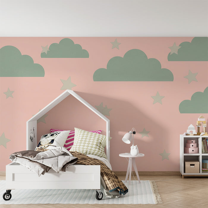 Papel de parede quarto bebê | Nuvens suaves e estrelas em fundo rosa