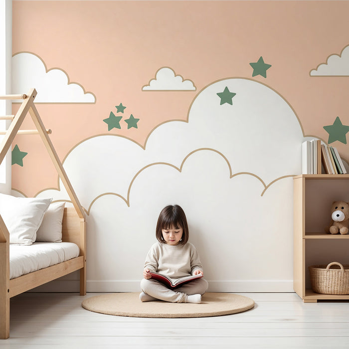 Papel de parede quarto bebê | Nuvens suaves e estrelas verdes em fundo pastel