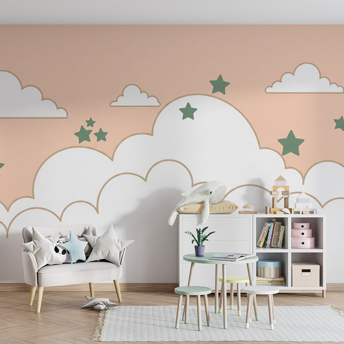 Papel de parede quarto bebê | Nuvens suaves e estrelas verdes em fundo pastel