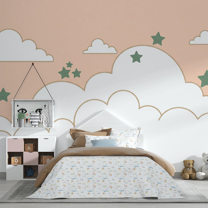 Papel de parede quarto bebê | Nuvens suaves e estrelas verdes em fundo pastel