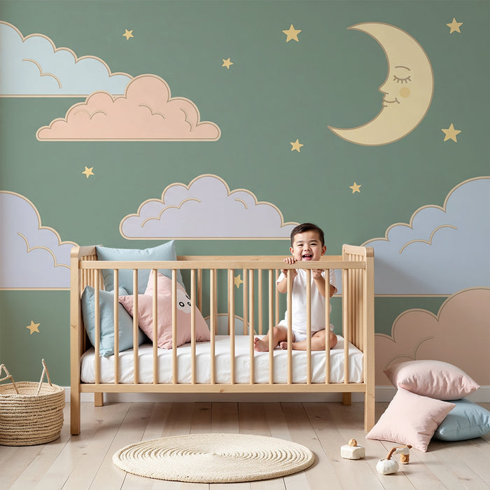 Papel de parede quarto bebê | Nuvens suaves e lua sorridente