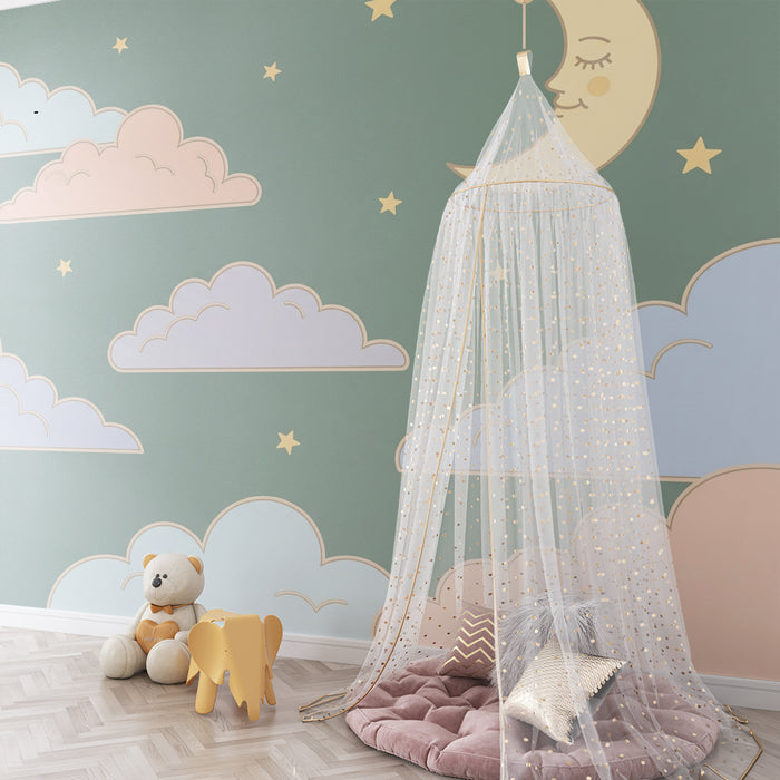 Papel de parede quarto bebê | Nuvens suaves e lua sorridente