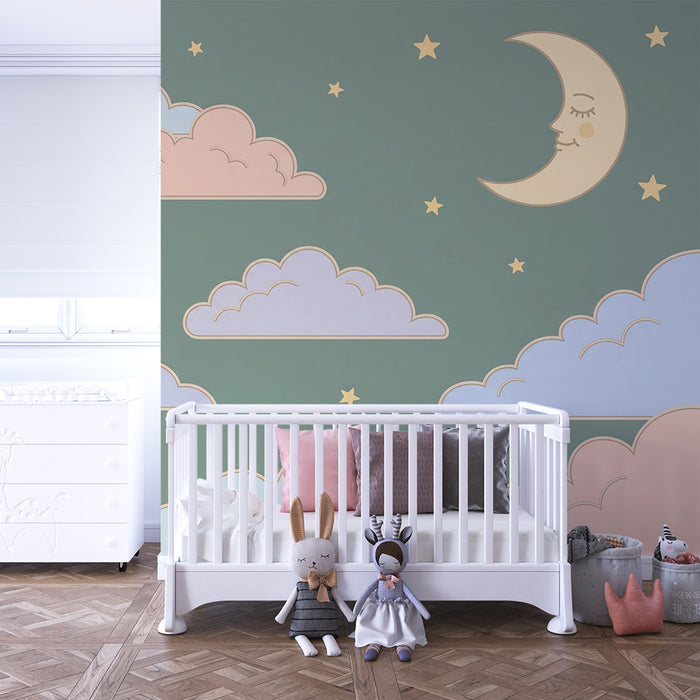 Papel de parede quarto bebê | Nuvens suaves e lua sorridente
