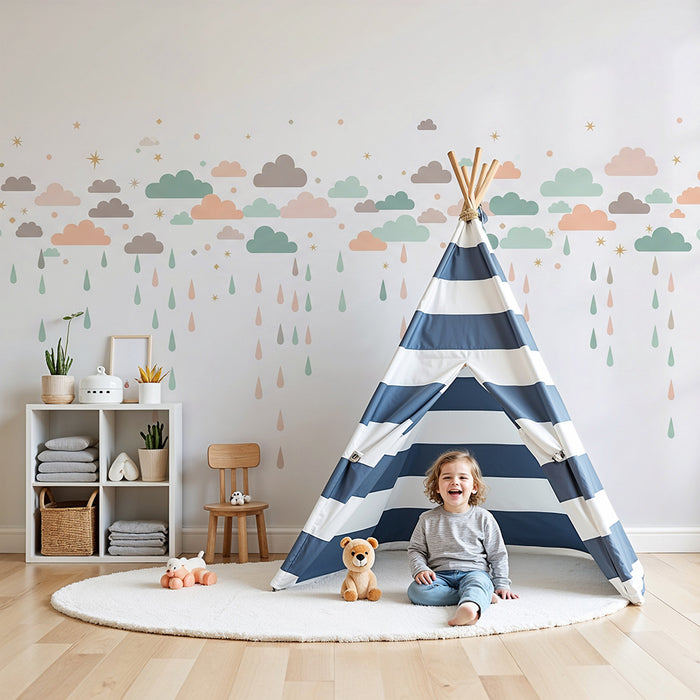 Papel de parede quarto bebê | Nuvens suaves e chuva colorida