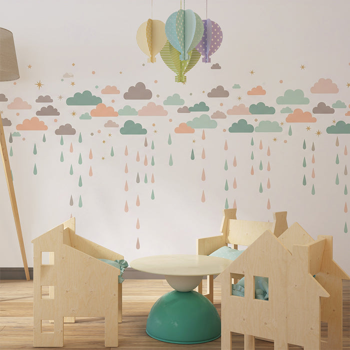 Papel de parede quarto bebê | Nuvens suaves e chuva colorida