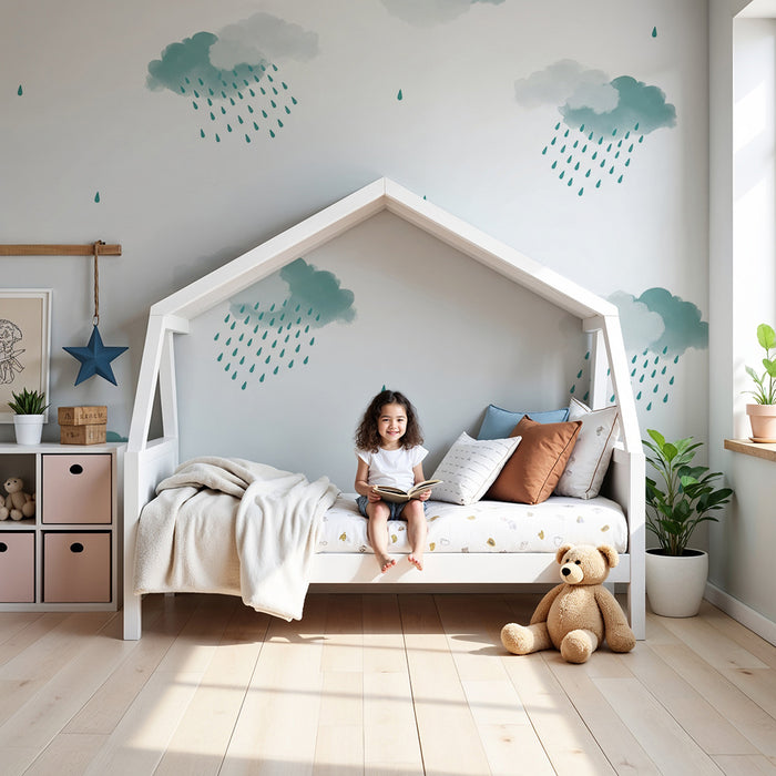 Baby room wallpaper | Soft clouds and delicate rain on a white background