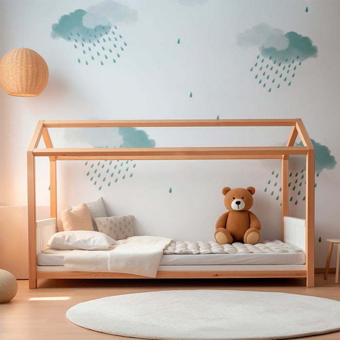 Baby room wallpaper | Soft clouds and delicate rain on a white background