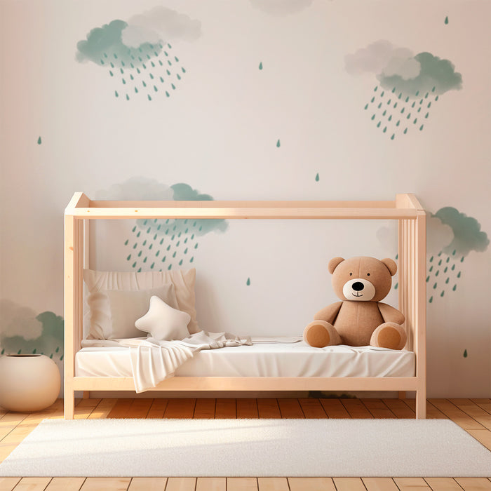 Baby room wallpaper | Soft clouds and delicate rain on a white background