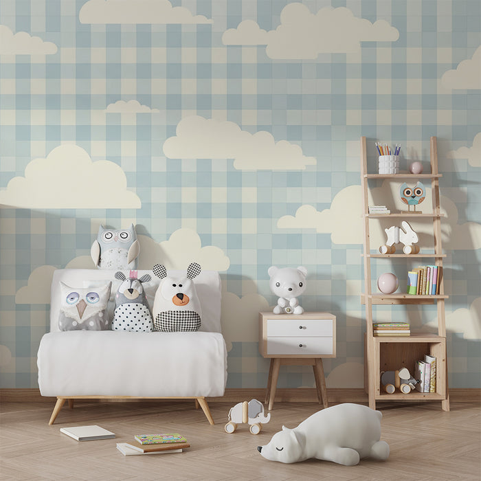 Behang babykamer | Zachte wolken op blauw vichy-achtergrond