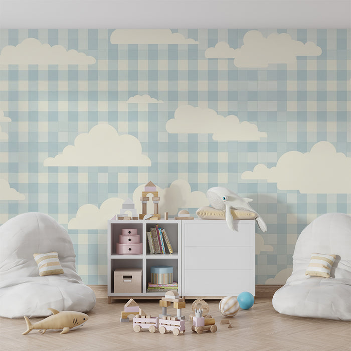 Behang babykamer | Zachte wolken op blauw vichy-achtergrond