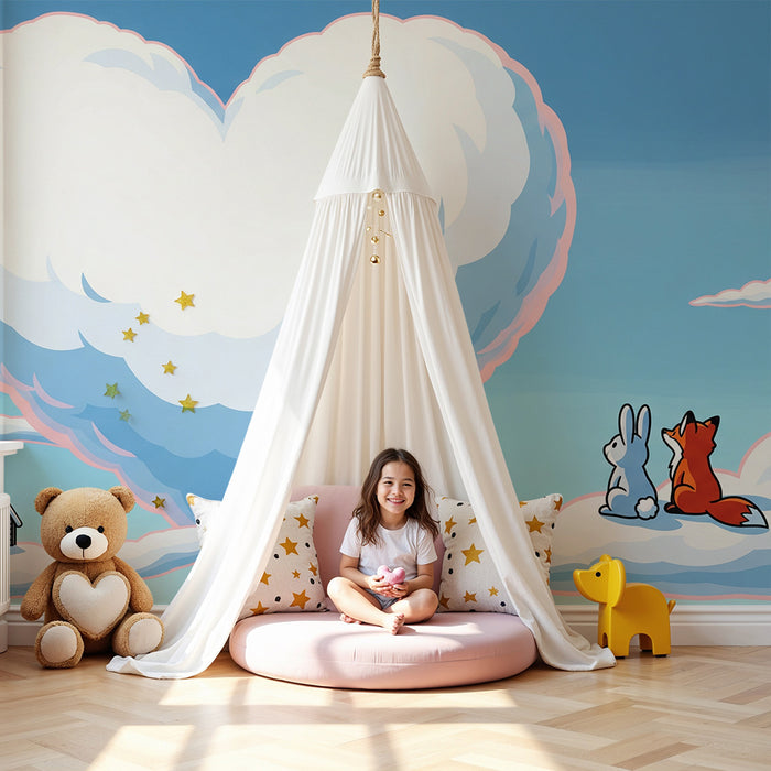 Papel pintado para habitación infantil | Nubes con forma de corazón, un conejo y un zorro