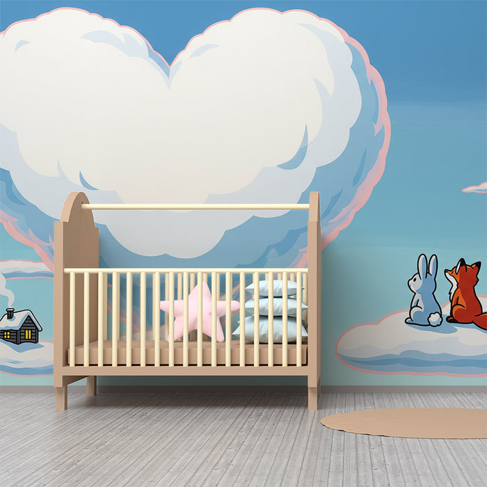 Papel pintado para habitación infantil | Nubes con forma de corazón, un conejo y un zorro