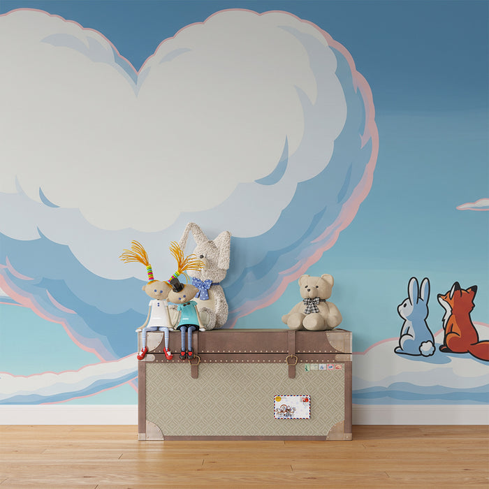 Papel pintado para habitación infantil | Nubes con forma de corazón, un conejo y un zorro
