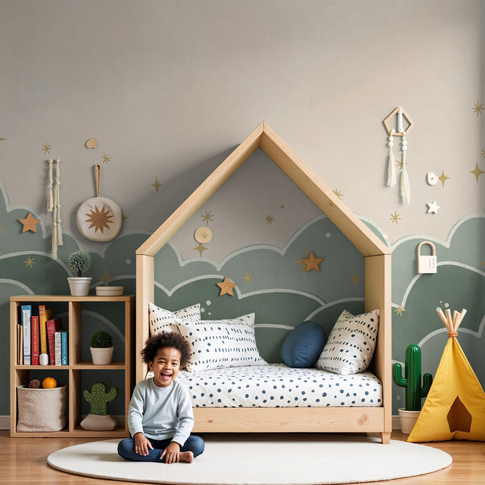 Papel de parede quarto bebê | Nuvens em tons de verde sálvia e estrelas