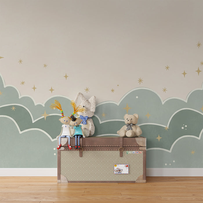 Papel de parede quarto bebê | Nuvens em tons de verde sálvia e estrelas