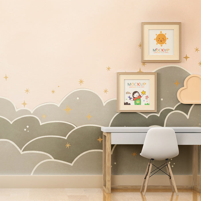 Papel de parede quarto bebê | Nuvens em tons de verde sálvia e estrelas