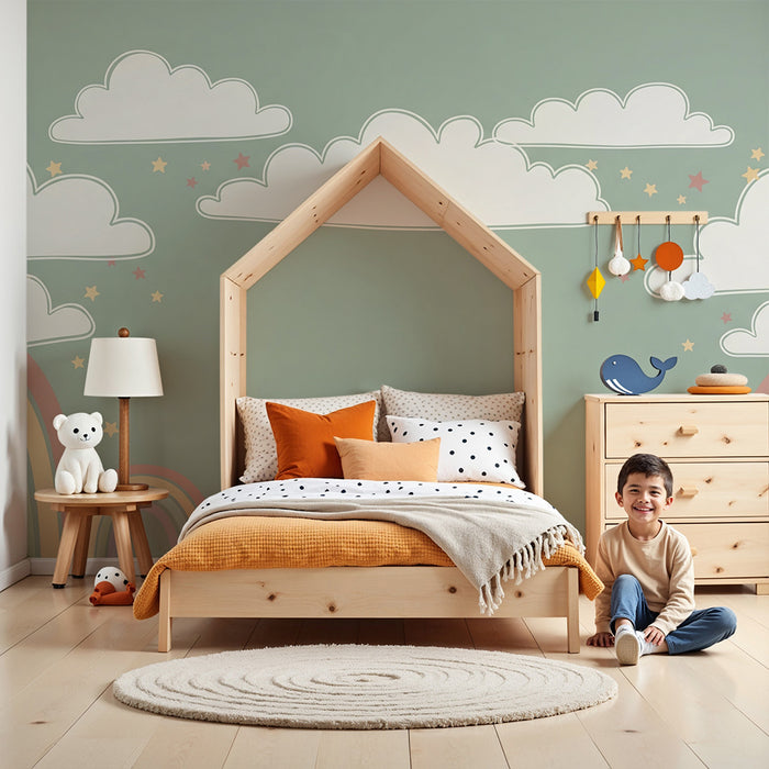 Papel de parede quarto bebê | Nuvens e arco-íris pastel