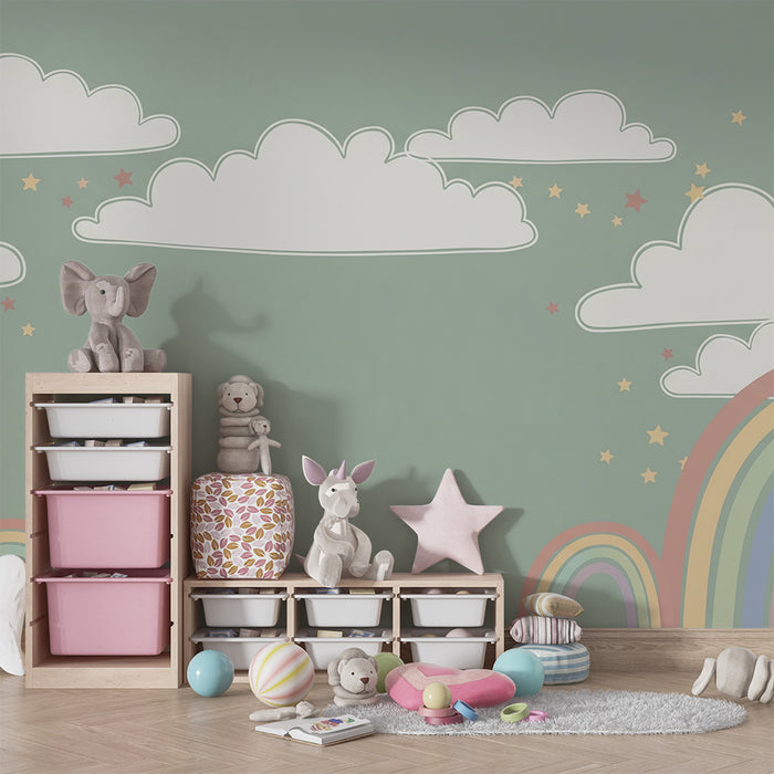 Papel de parede quarto bebê | Nuvens e arco-íris pastel