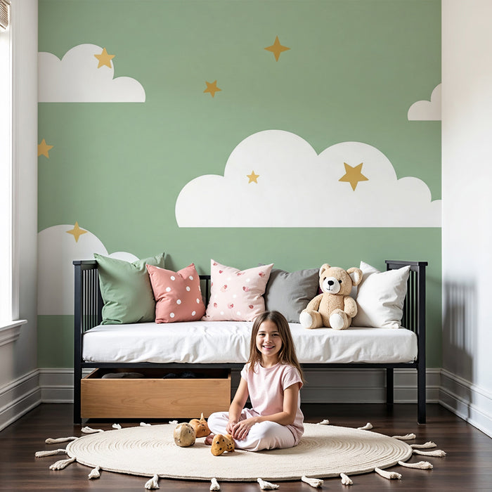 Papel de parede quarto bebê | Nuvens e estrelas douradas