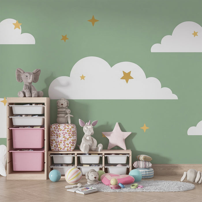 Papel de parede quarto bebê | Nuvens e estrelas douradas