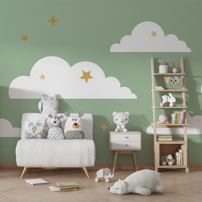 Papel de parede quarto bebê | Nuvens e estrelas douradas